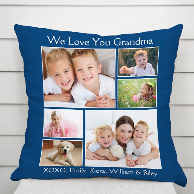 Grandma We Love You Photo Names Personalised Blue Cushion (Creator Uploaded)