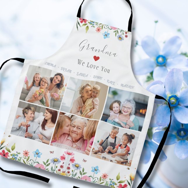GRANDMA WE LOVE YOU Your Name Photo Collage Aprons ("Cherish kitchen moments with our Mother's Day apron, adorned with 'Mama/Grandma, We Love You.')