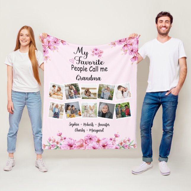 Grandma With Grandkids Name & Photos | Pink Flower Fleece Blanket (In Situ)
