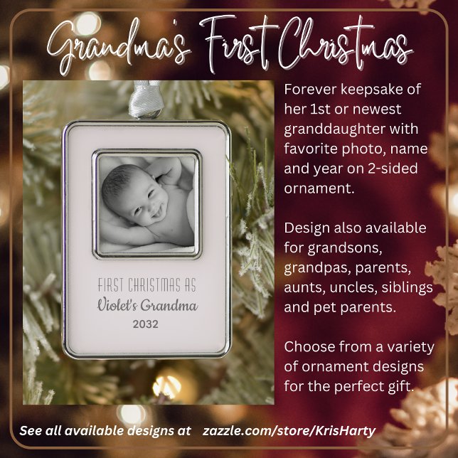 Grandma's 1st Christmas Personalised Name Photo Silver Plated Framed Ornament (Grandmas First Christmas with 1st or Newest Granddaughter. Photo name year on vertical metal ornamnt)