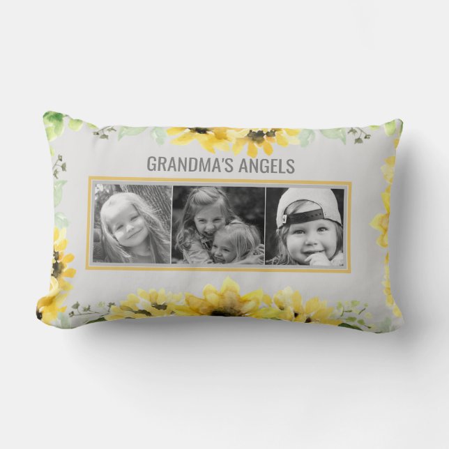 Grandma's Angels Sunflower Grey  3 Photo Names Lumbar Cushion (Front)