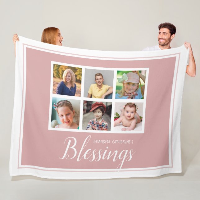Grandma's Blessings 6 Photo Collage Pink Fleece Blanket (In Situ)
