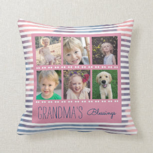 Grandma's Blessings Photo Collage Pink & Blue Cushion
