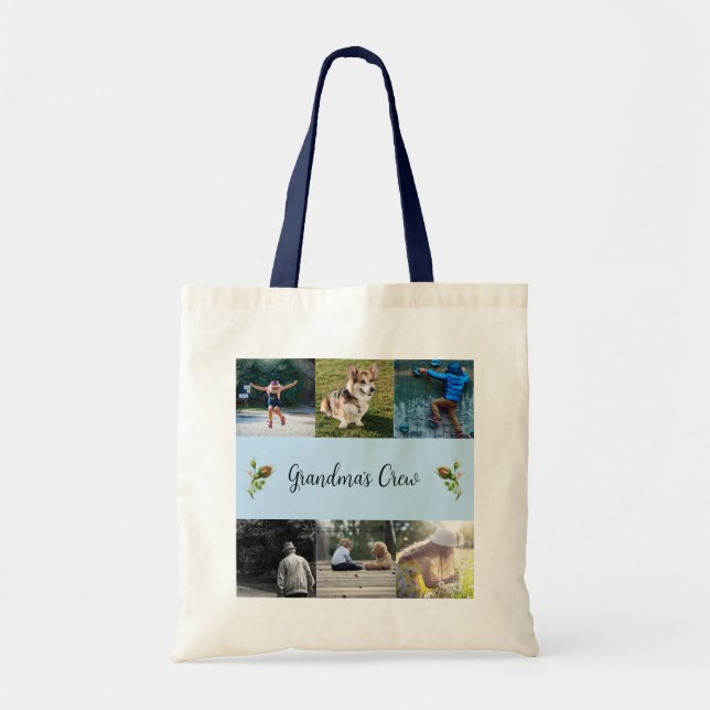 Grandma's Crew Custom 6 Photo Grid Roses, Blue  To Tote Bag (Front)