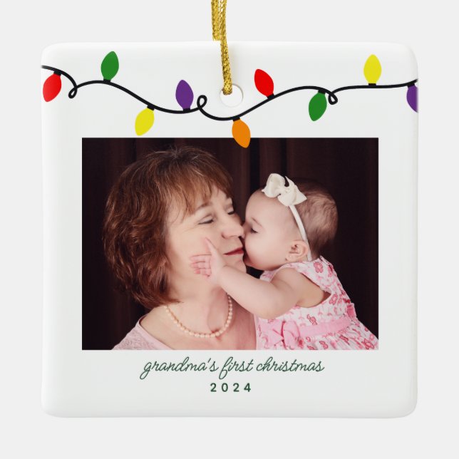 Grandma's First Christmas Colourful Lights Photo Ceramic Ornament (Front)