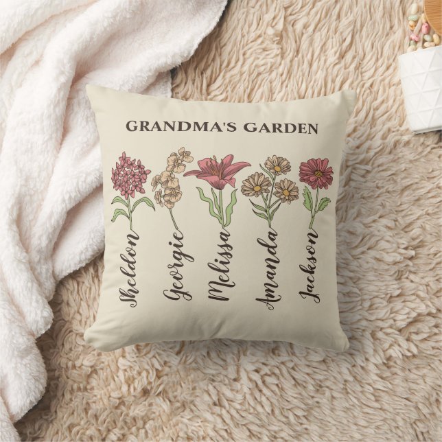 Grandma's Flower Garden 5 Grandkids Name Floral Cushion (Blanket)