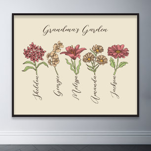 Grandma's Flower Garden 5 Grandkids Name Floral Poster