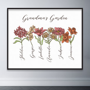 Grandma's Flower Garden 6 Grandkids Name Floral Poster