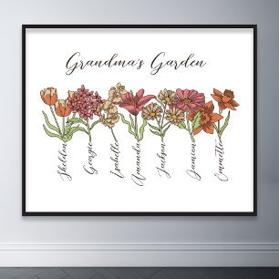 Grandma's Flower Garden 7 Grandkids Name Floral Poster