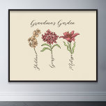 Grandma's Garden Flower 3 Grandkids Name Floral<br><div class="desc">This Grandma's Garden Flower and Grandkids Name custom design is a delightful blend of vintage charm and personalised warmth. It is the perfect addition to any grandmother's haven, bringing the beauty of a botanical garden right into her home. Featuring a stunning vintage flower illustration that captures the essence of grandma's...</div>