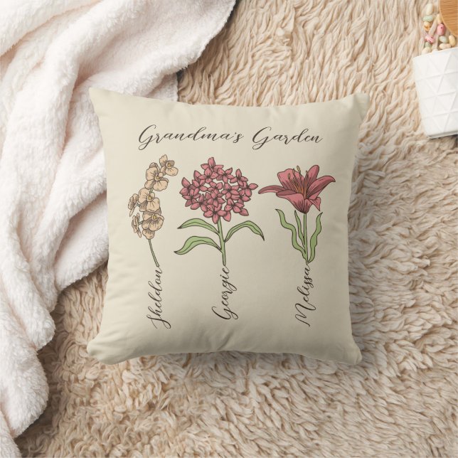 Grandma's Garden Flower 3 Grandkids Name Floral Cushion (Blanket)