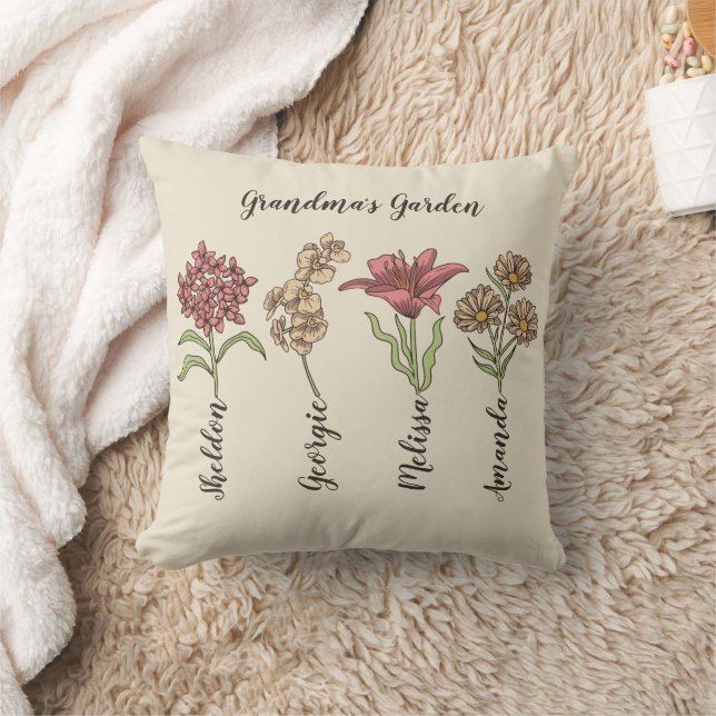 Grandma's Garden Flower 4 Grandkids Name Floral Cushion (Blanket)