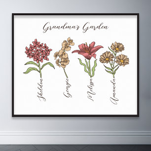 Grandma's Garden Flower 4 Grandkids Name Floral Poster