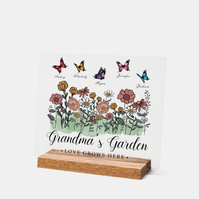 Grandma's Garden Modern Keepsake 5 Custom Names  Acrylic Sign (Angle)
