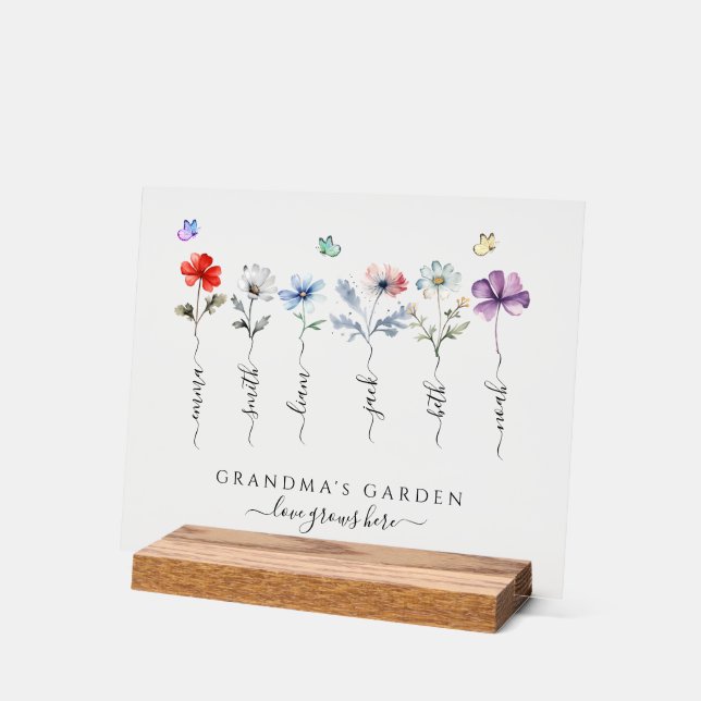 Grandma's garden with grandkids names Watercolor Acrylic Sign (Angle)