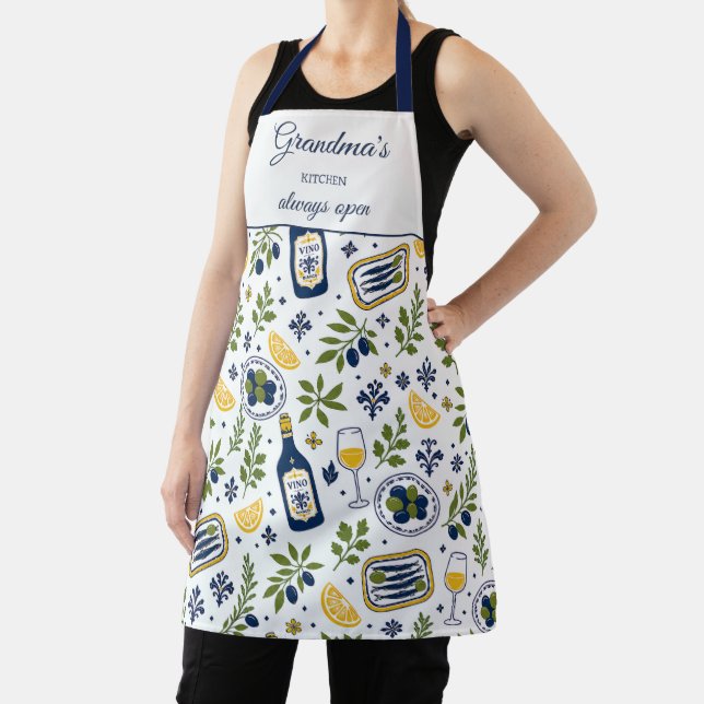 Grandma's Kitchen Always Open Olives Wine Pattern Apron (Insitu)