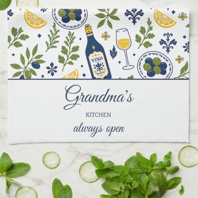 Grandma's Kitchen Always Open Olives Wine Pattern Tea Towel (Folded)