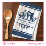 Grandmas Kitchen Baked with Love Customisable Tea Towel<br><div class="desc">Update your kitchen with this customisable tea towel that features an illustration of a spatula, spoon, and whisk on a crisp white background, navy borders, red accents, and customisable text that says, “Grandma’s Kitchen, ” and “Baked with Love.” This charming kitchen towel will make an ideal gift for grandmas who...</div>