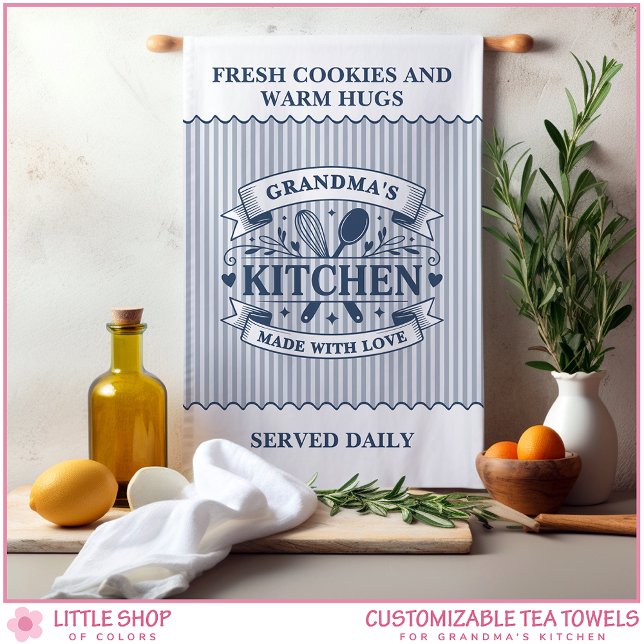 Grandmas Kitchen Blue Stripes Customizable Tea Towel (Creator Uploaded)