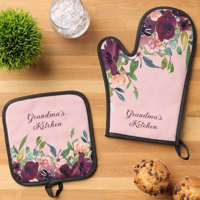 Grandma's Kitchen Burgundy Blush Pink Floral Oven Mitt & Pot Holder Set (Burgundy & Blush Pink Floral Grandma's Kitchen Oven Mitt Set)