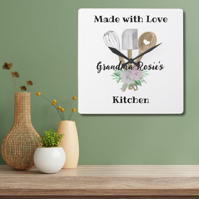 Grandma's Kitchen | Made with Love Personalised Square Wall Clock (Celebrate your love of Grandma's cooking with this custom clock with watercolor kitchen utensils.)