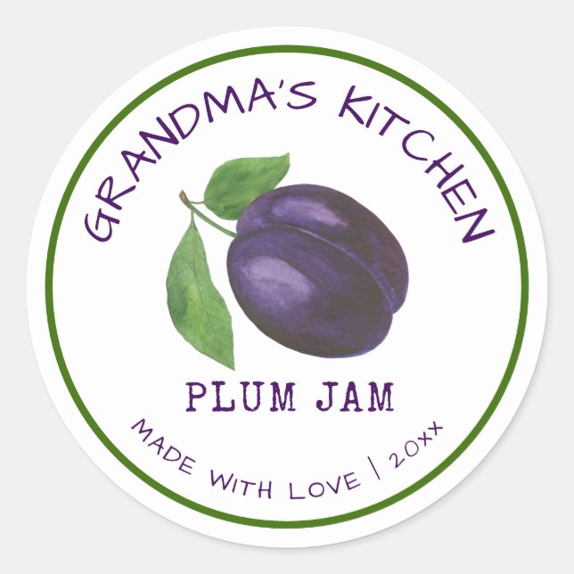 Grandma's Kitchen Made with Love Plum Jam Classic  Round Sticker (Front)