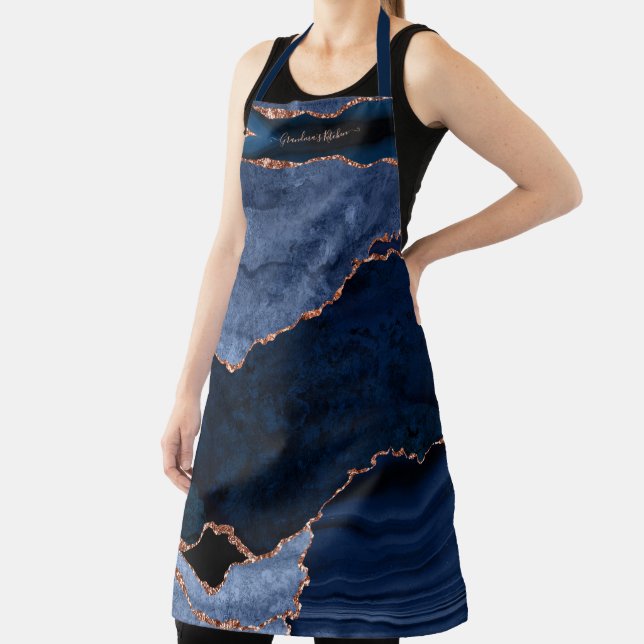 Grandmas Kitchen Marble Agate Rose Gold Navy Blue Apron (Insitu)
