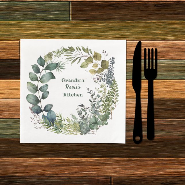 Grandma's Kitchen | Personalised Watercolor Wreath Napkin (Creator Uploaded)
