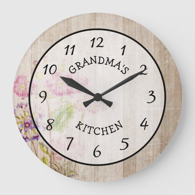 Grandma's Kitchen Rustic Floral Wood Clock (Front)