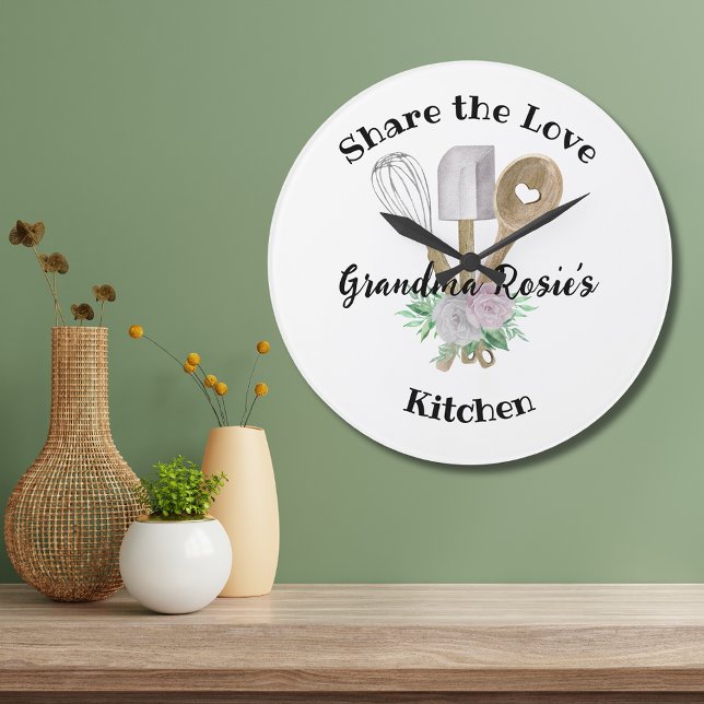 Grandma's Kitchen | Share the Love Personalised Large Clock (Add Grandma's name to this Share the Love of Grandma's Cooking round clock with watercolor utensils.)