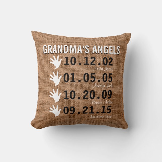 Grandma's Little Angels - 4 Grandchildren - Burlap Cushion (Front)