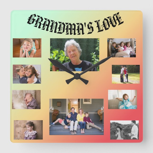 Grandma's Love Green Yellow Orange 10 Family Photo Square Wall Clock (Front)