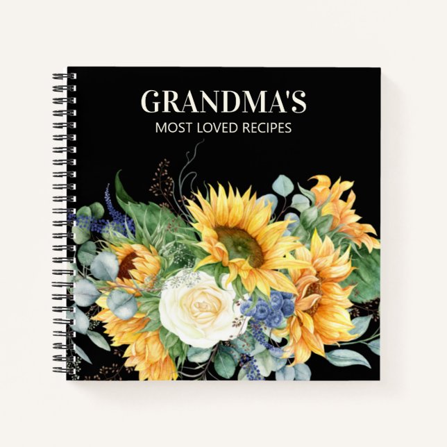 Grandma's Recipe Cookbook Yellow Sunflowers Black  Notebook (Front)