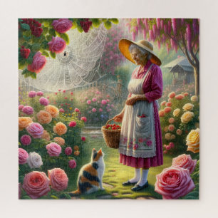 Grandma's Rose Garden Calico Cat & Floral Scene Jigsaw Puzzle