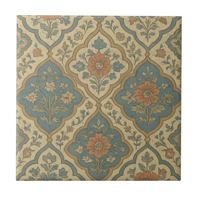 Grandmillenial Blue Orange Moroccan Floral  Tile (Front)