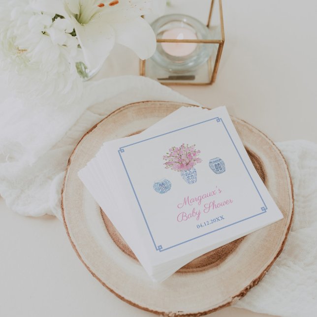 Grandmillenial Blue Pink Chinoiserie Baby Shower Napkin (Chinoiserie chic Pink and blue baby shower napkins with ginger jar and greek key border)