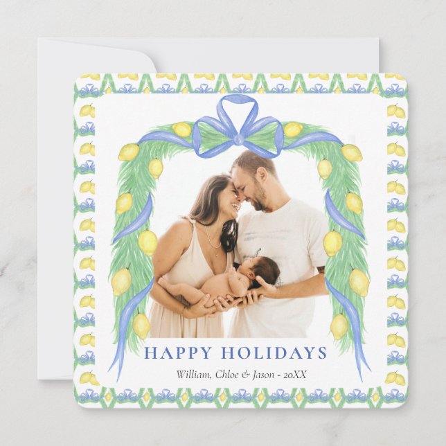 Grandmillenial Lemon Blue Chinoiserie One Photo Holiday Card (Front)