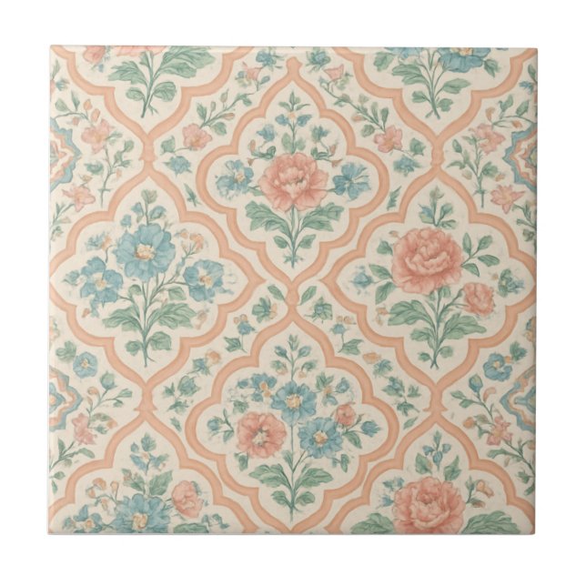 Grandmillenial Moroccan Peach Pink Blue Floral Tile (Front)