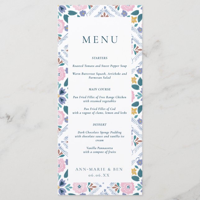 Grandmillenial Navy & Pink  Floral Pattern Wedding Menu (Front)