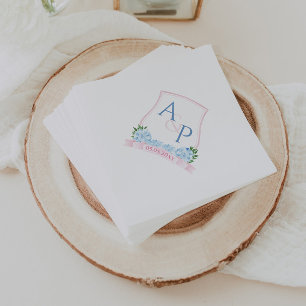 Grandmillenial Pink & Blue Hydrangea Wedding Crest Napkin