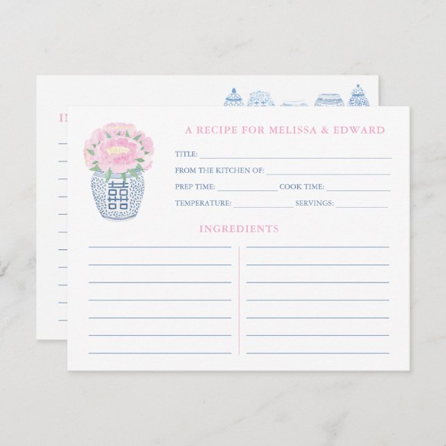 Grandmillenial Pink Peony Blue & White Recipe Card (Front/Back)