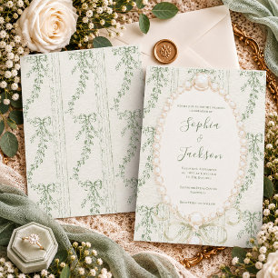 Grandmillenial Sage Green Ribbons Greenery Vintage Invitation