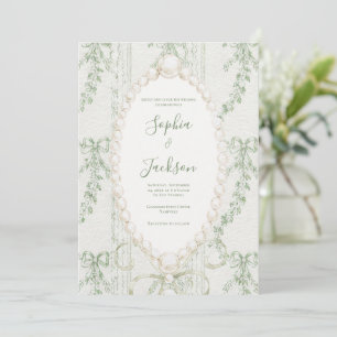 Grandmillenial Sage Green Ribbons Greenery Vintage Invitation