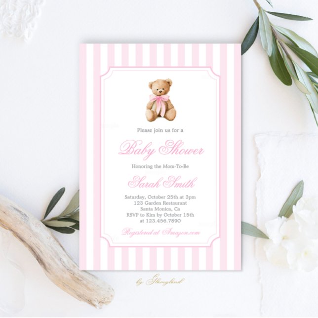 Grandmillennial Bear Baby Shower Girl Invitation (Creator Uploaded)