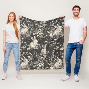 Grandmillennial Black Rabbit Toile Pattern Fleece Blanket