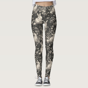 Grandmillennial Black Rabbit Toile Pattern Leggings
