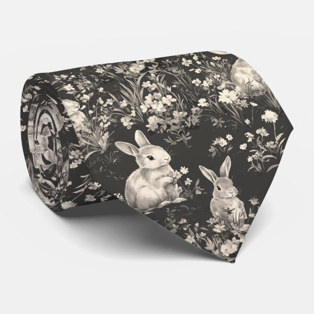 Grandmillennial Black Rabbit Toile Pattern Tie (Rolled)