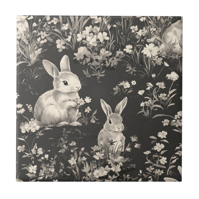 Grandmillennial Black Rabbit Toile Pattern Tile (Front)