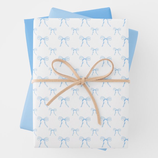 Grandmillennial Blue Bow Wrapping Paper Sheet Set (In situ)