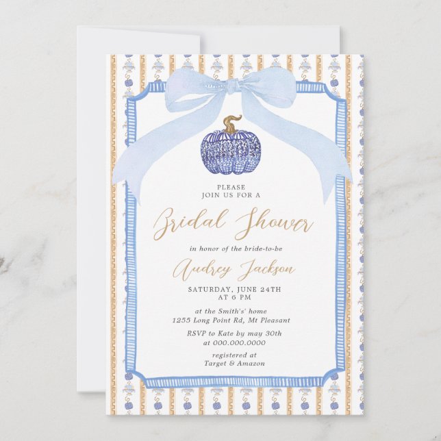 Grandmillennial Blue Chinoiserie Fall Bridal Showe Invitation (Front)